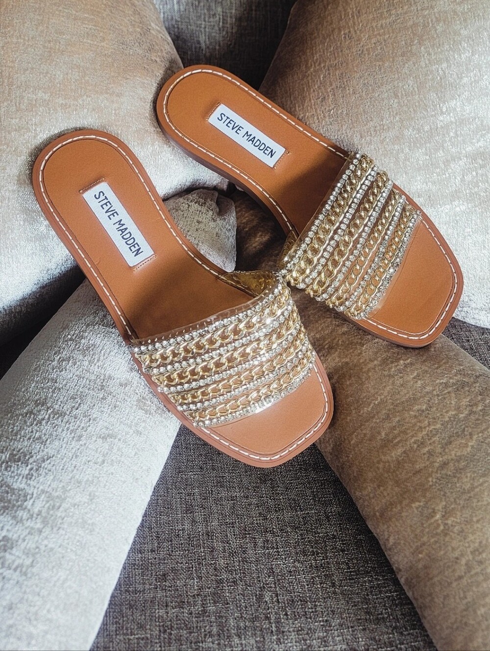 Steve Madden Tan Slide Sandals with Gold Chain Straps Sz/ 6.5 M